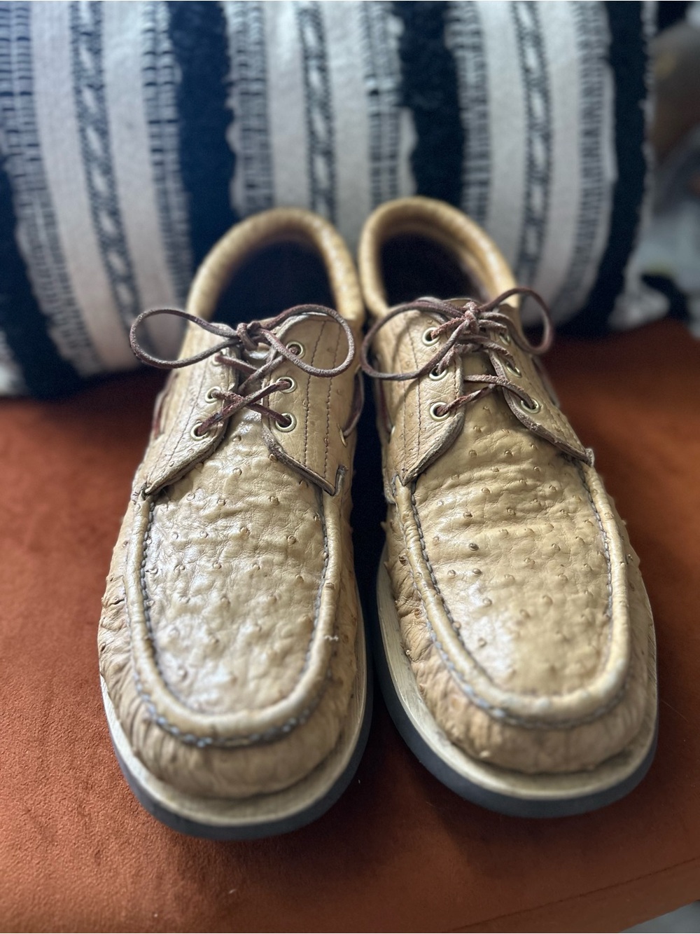 Men's Tan Ostrich-Texture Boat Shoes with Brown Laces
